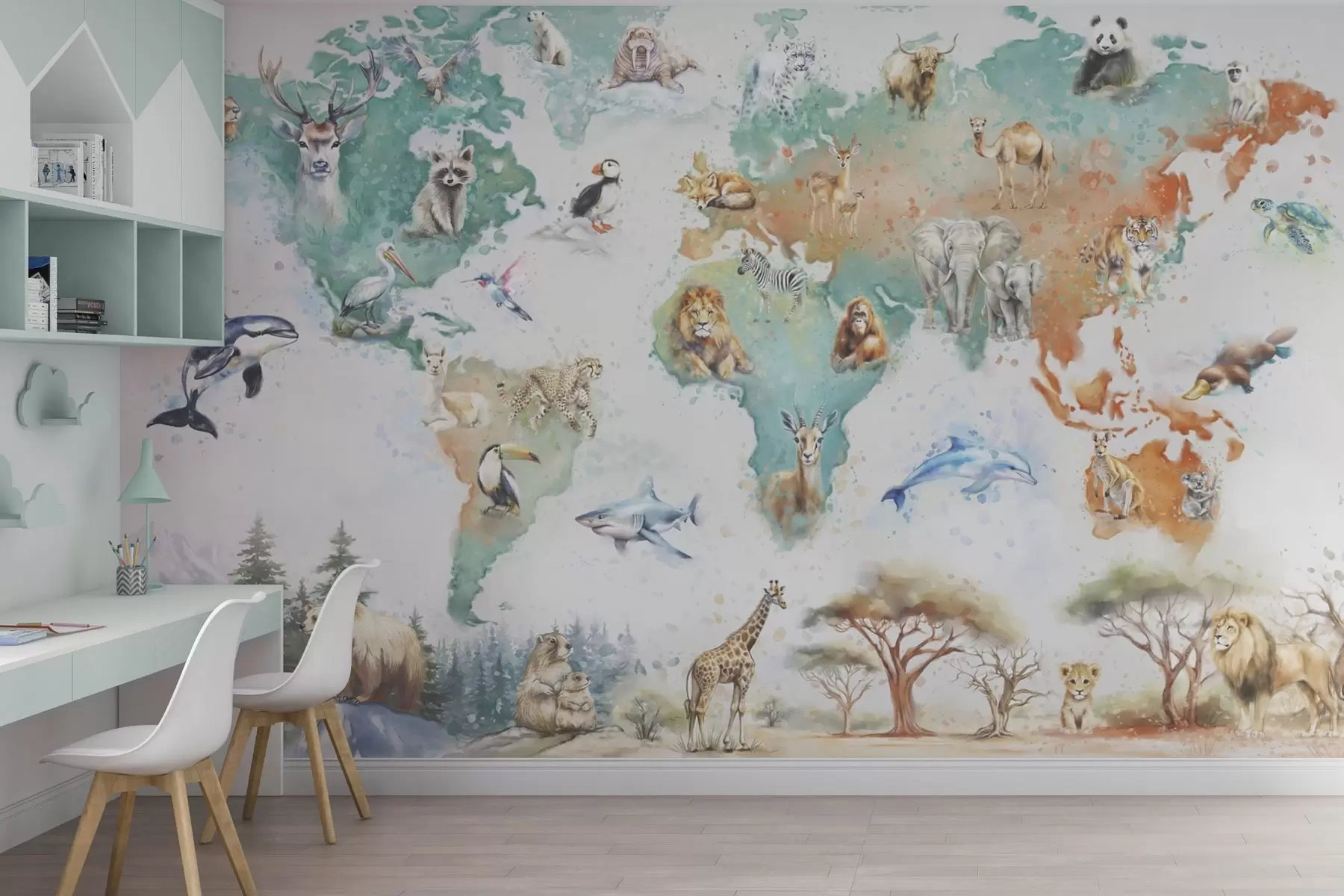 Fotobehang Wereldkaart met dieren, educatieve kinderillustratie w04148