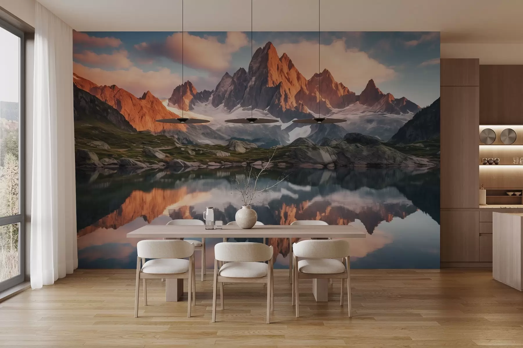 Fotobehang Bergen bij dageraad, weerspiegeling in water, realistisch landschap w04150