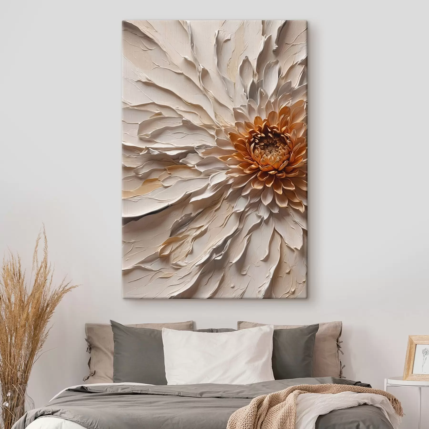 Fotobehang Volumetrische bloem met crèmekleurige bloemblaadjes en warme kern s44878