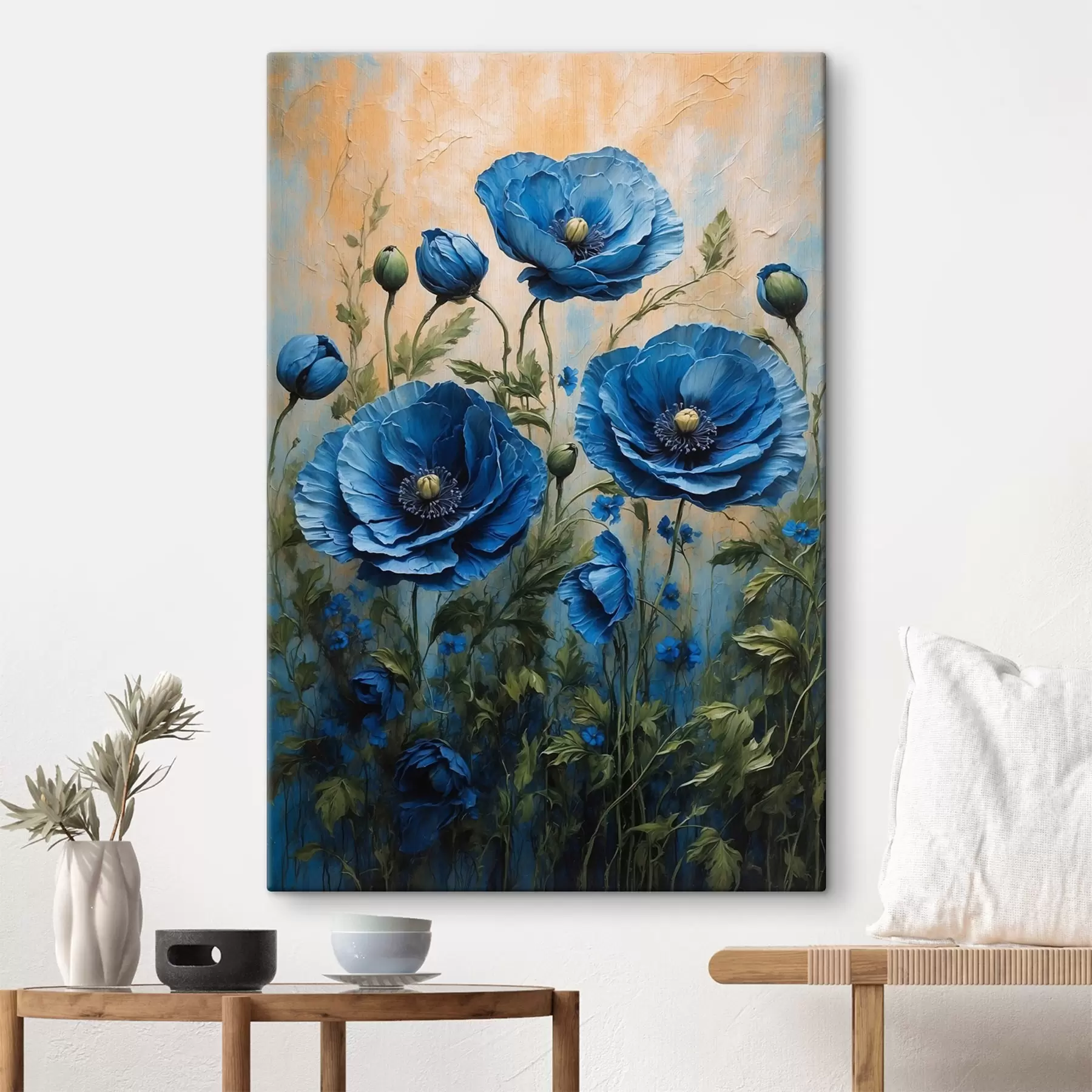  Schilderijen Blauwe klaprozen op een pastelkleurige achtergrond met bladeren s44882