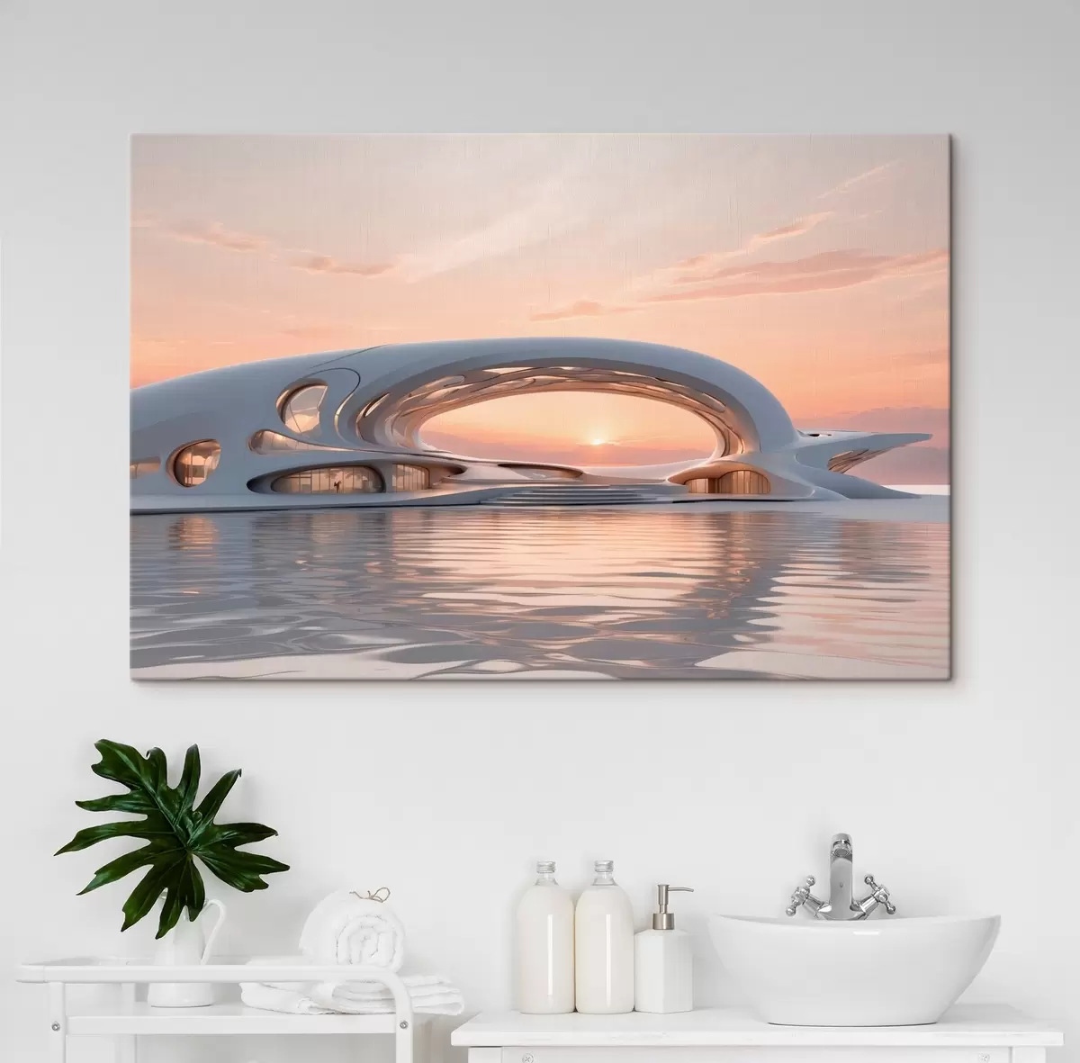  Schilderijen Futuristisch gebouw op het water tegen een roze zonsondergang s44884