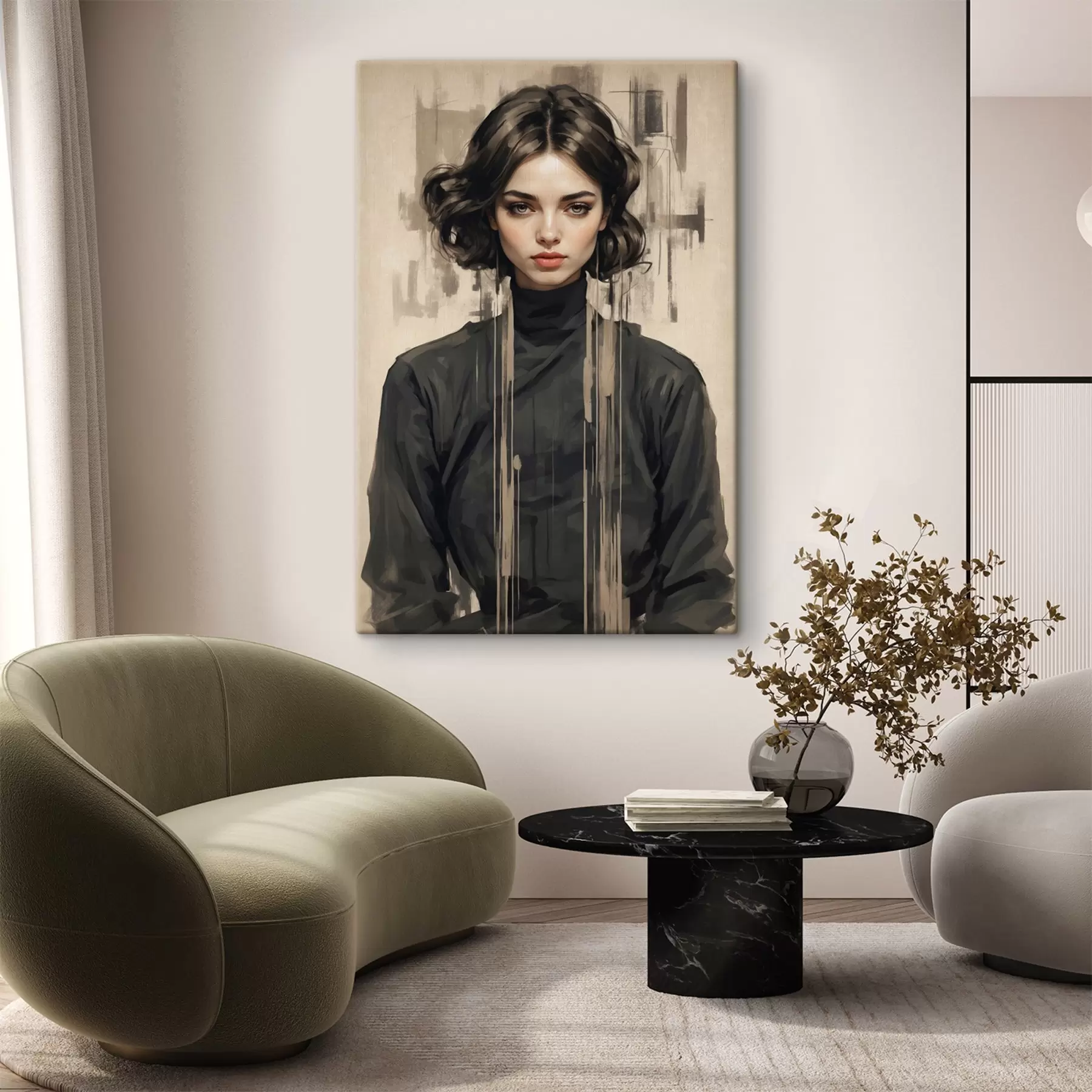  Schilderijen Portret van een vrouw met kort donker haar op abstracte achtergrond s44890