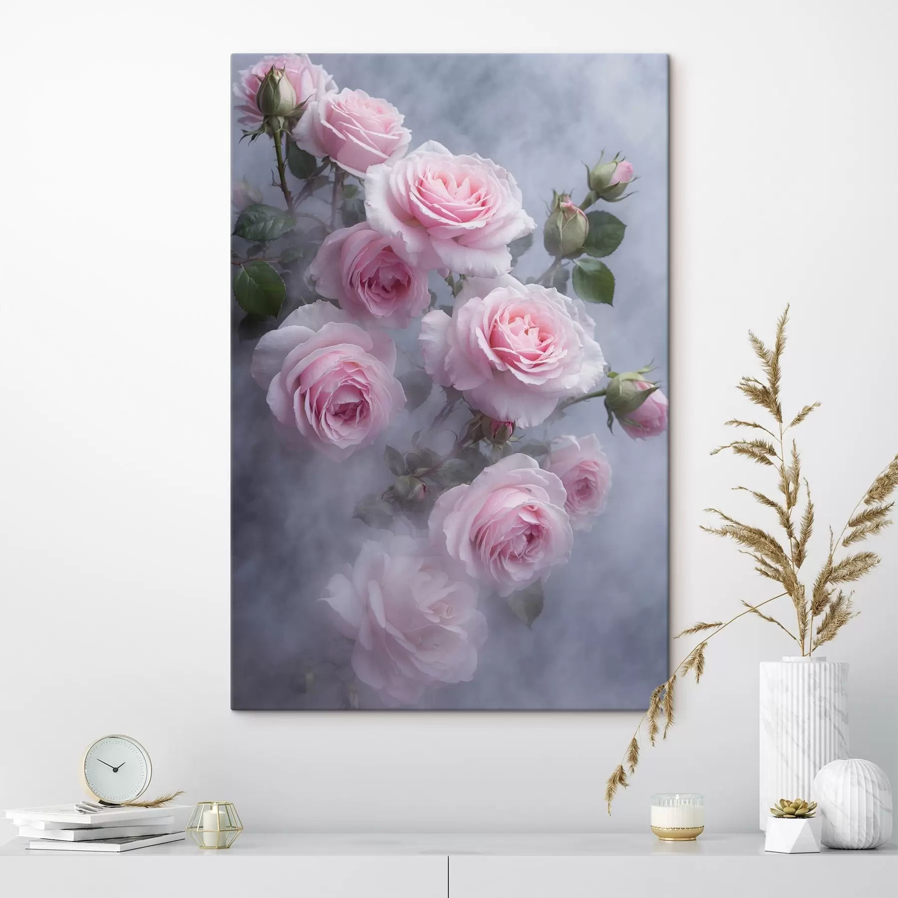 Fotobehang Zachtroze rozen in de mist met groene bladeren s44892