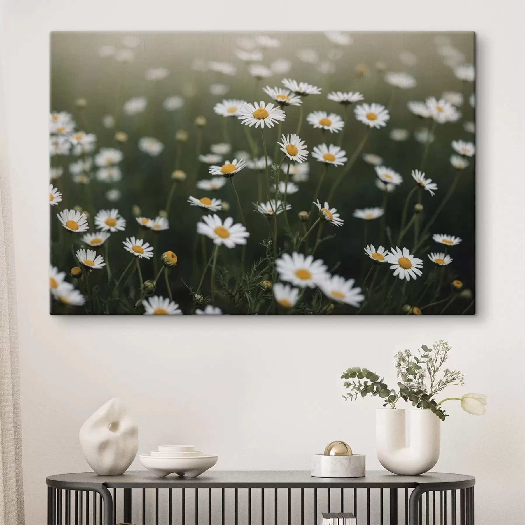 Fotobehang Madeliefjesveld met onscherpe groene achtergrond s44898