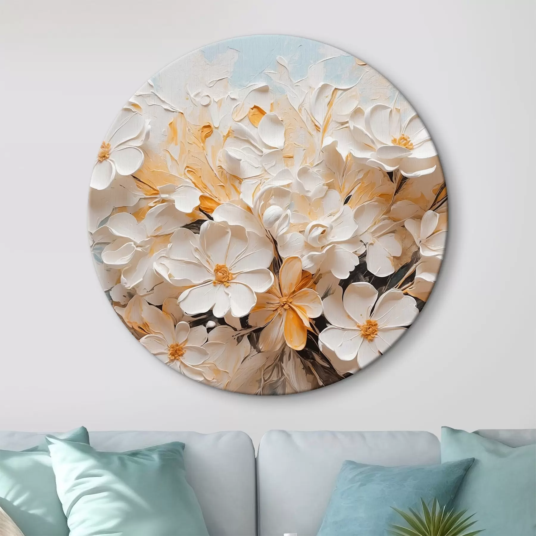  Schilderijen Witte en perzikkleurige bloemen op een blauwe achtergrond met pastels r44879