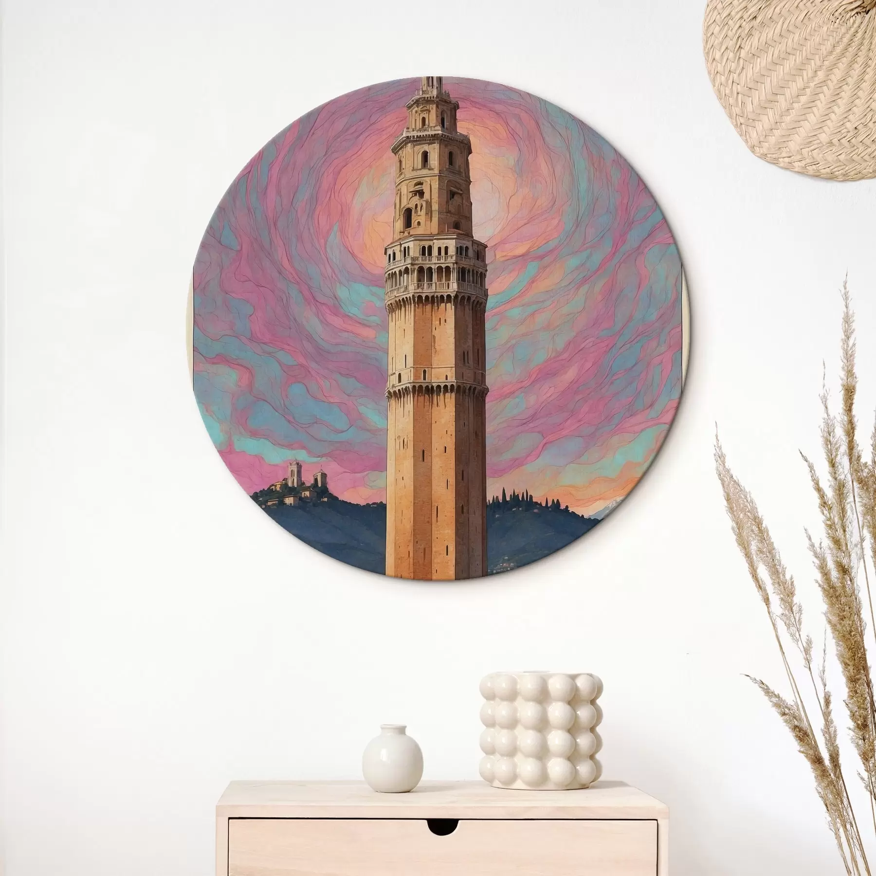  Schilderijen Fantasietoren tegen de lucht met roze en blauwe spiralen r44885