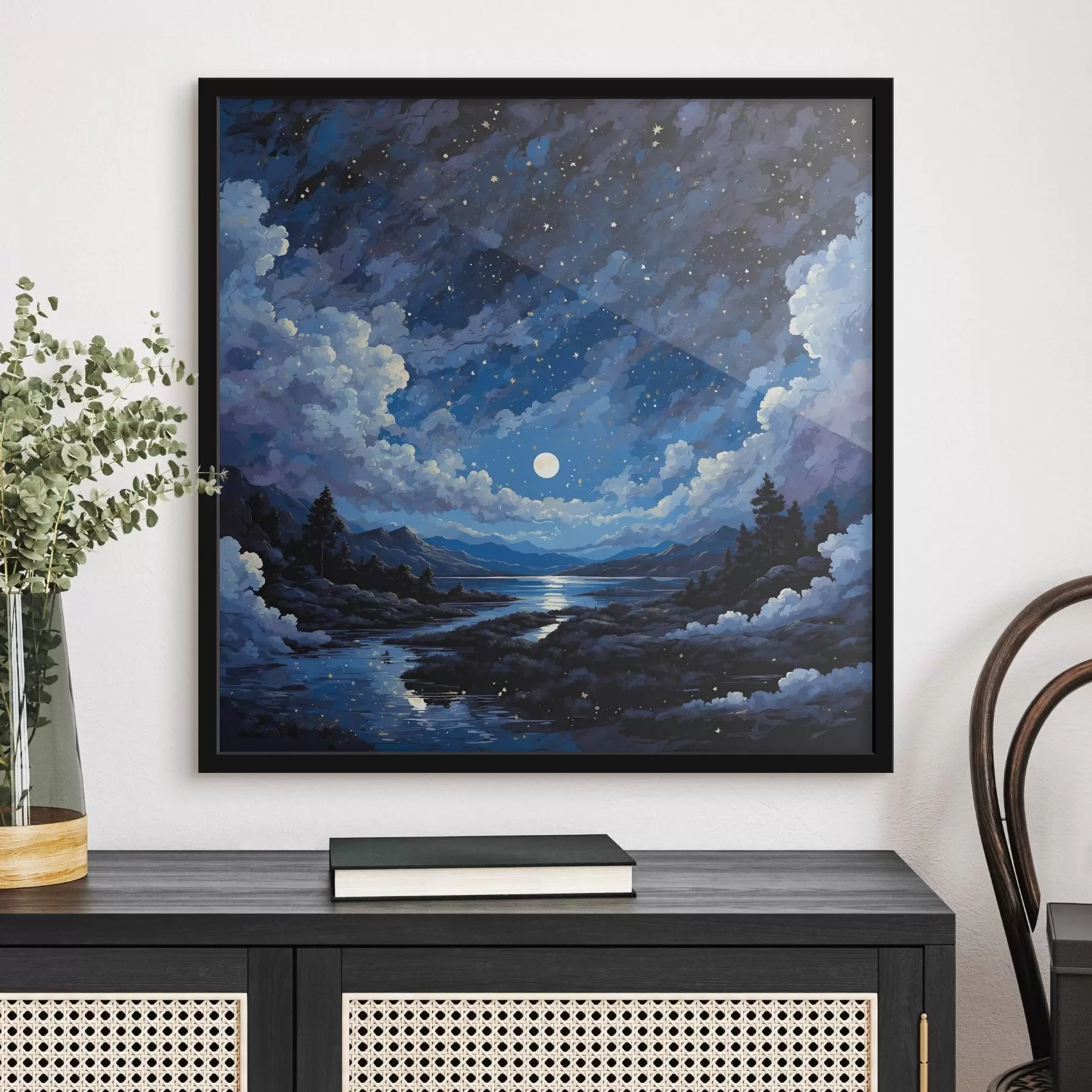 Fotobehang Nachthemel met maan en sterren boven berglandschap f44872