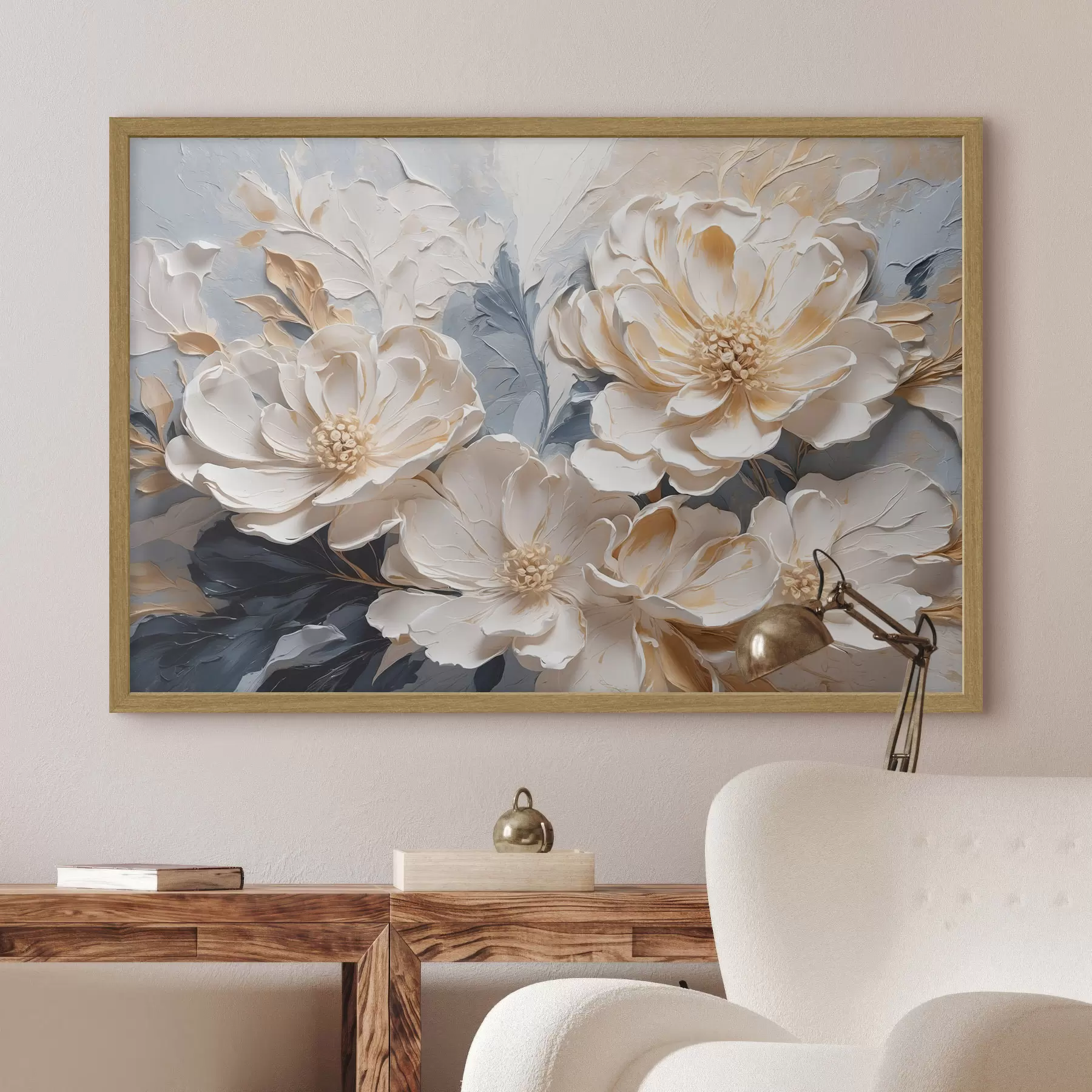 Fotobehang Volumetrische crèmekleurige pioenrozen op een lichtblauwe achtergrond f44880