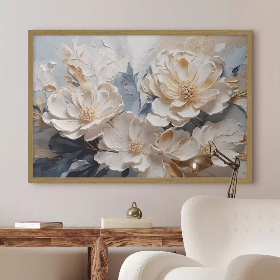 Fotobehang Volumetrische crèmekleurige pioenrozen op een lichtblauwe achtergrond f44880