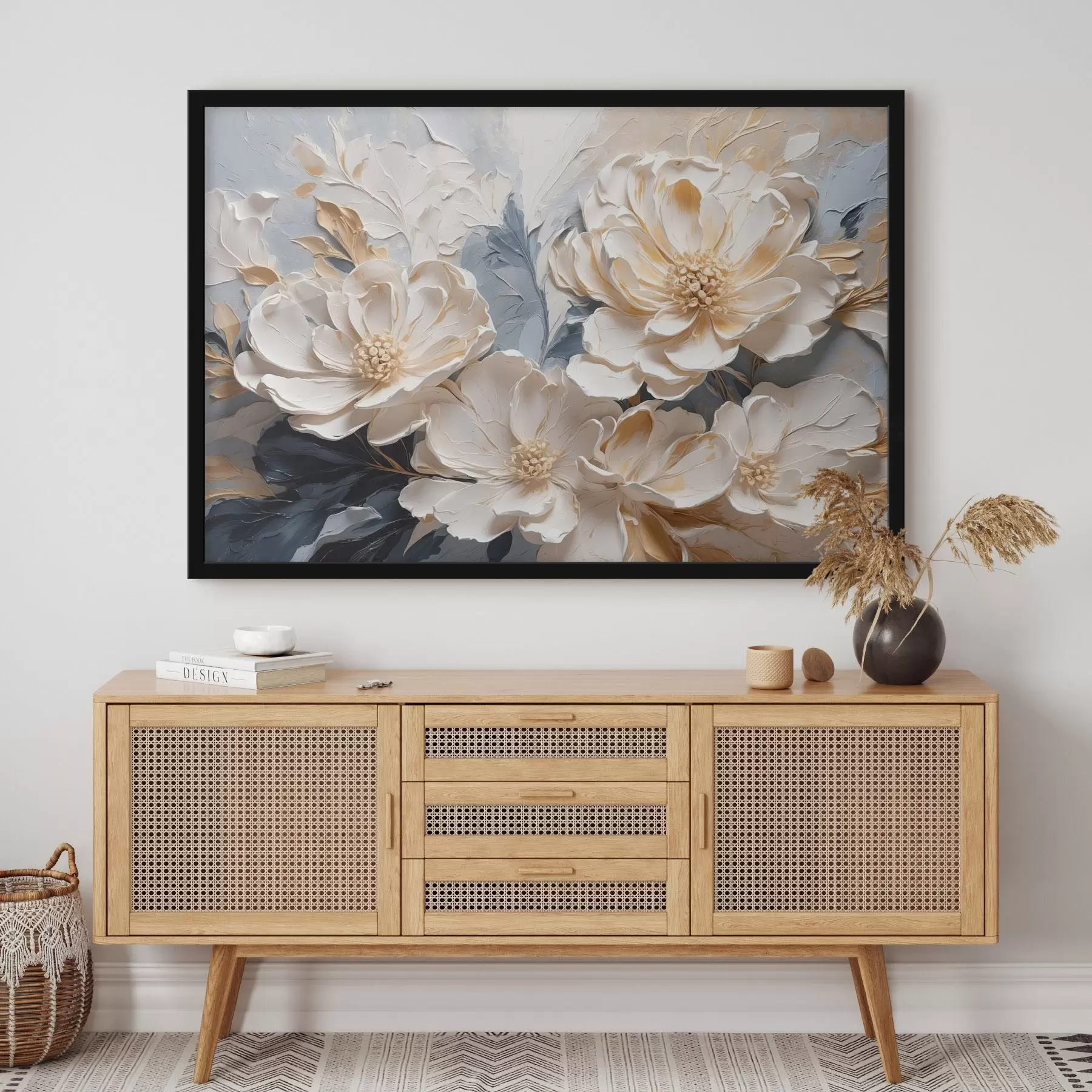 Fotobehang Volumetrische crèmekleurige pioenrozen op een lichtblauwe achtergrond f44880