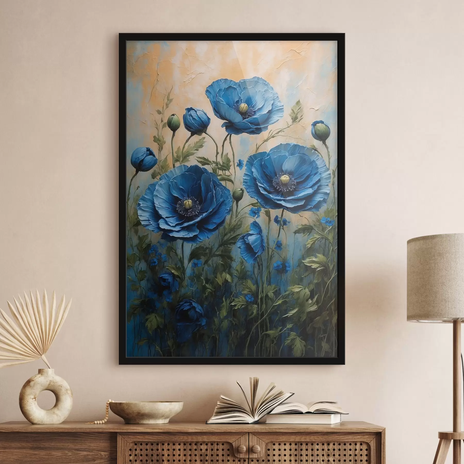 Fotobehang Blauwe klaprozen op een pastelkleurige achtergrond met bladeren f44882