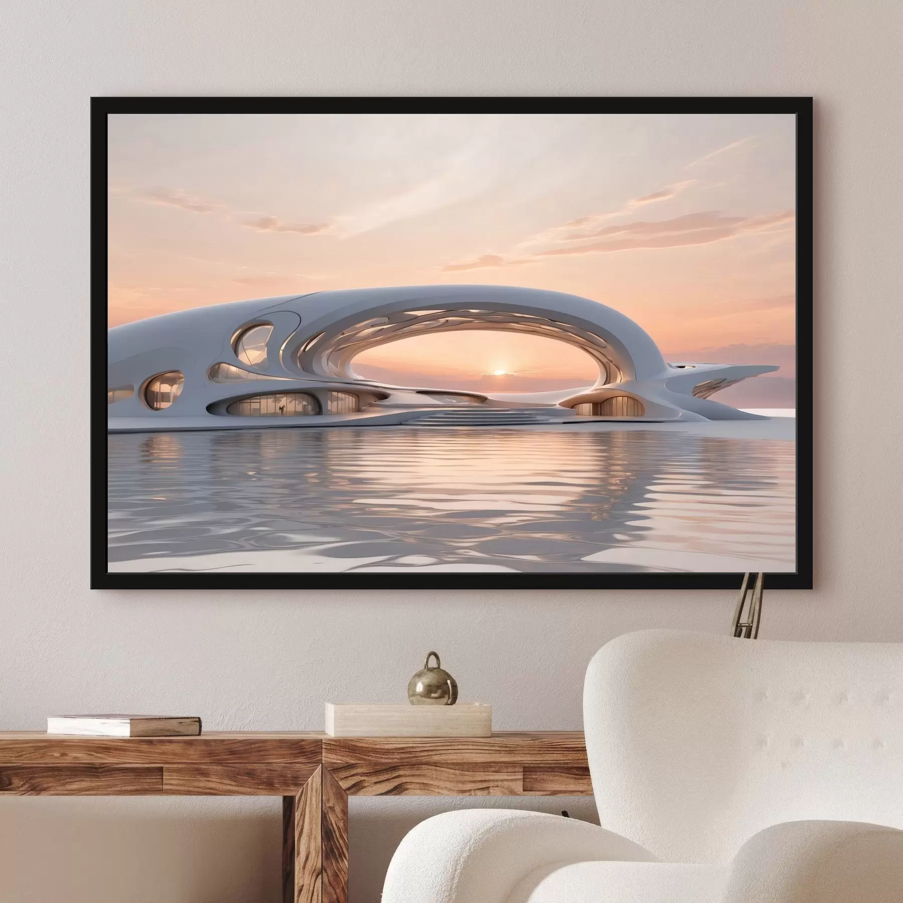 Fotobehang Futuristisch gebouw op het water tegen een roze zonsondergang f44884