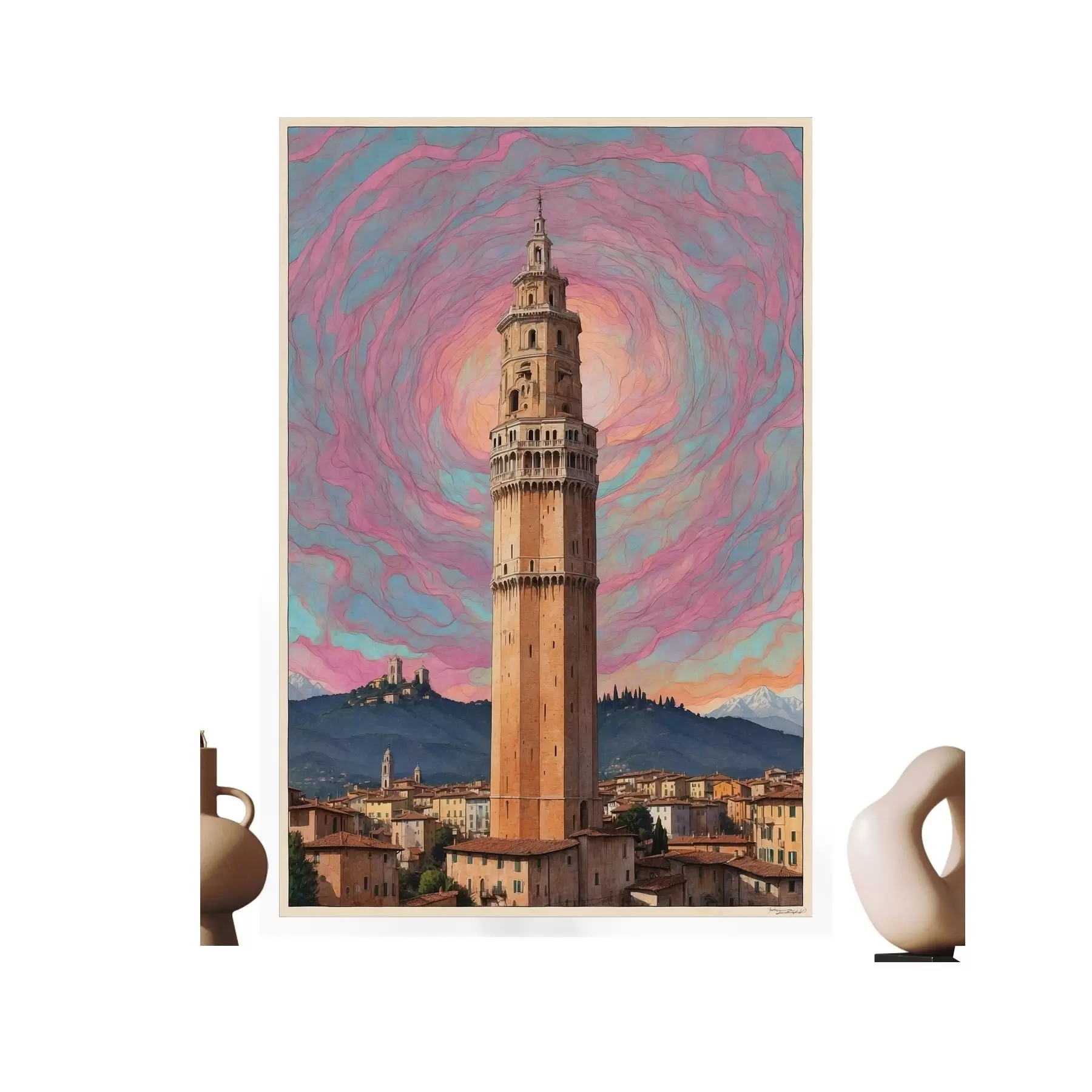 Fotobehang Fantasietoren tegen de lucht met roze en blauwe spiralen f44885