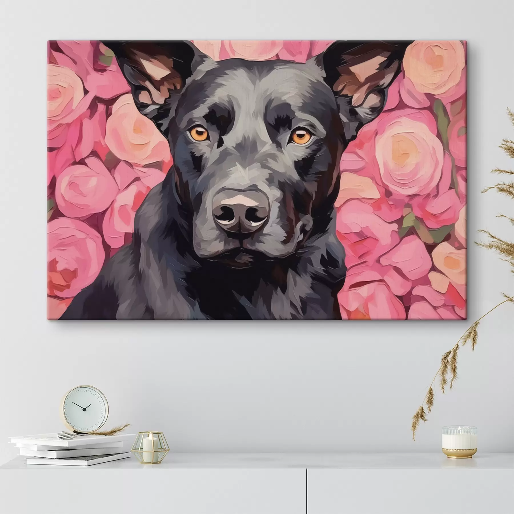  Schilderijen Zwarte hond op abstracte rozenachtergrond s44817