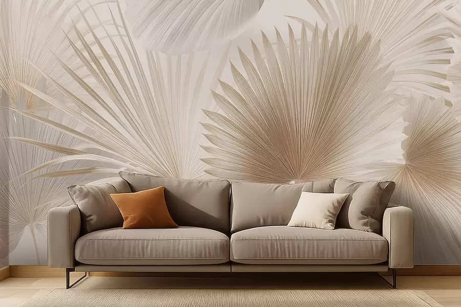 Fotobehang Zachte tropische bladwaaiers in lichtbeige en blauwachtige tinten w09084