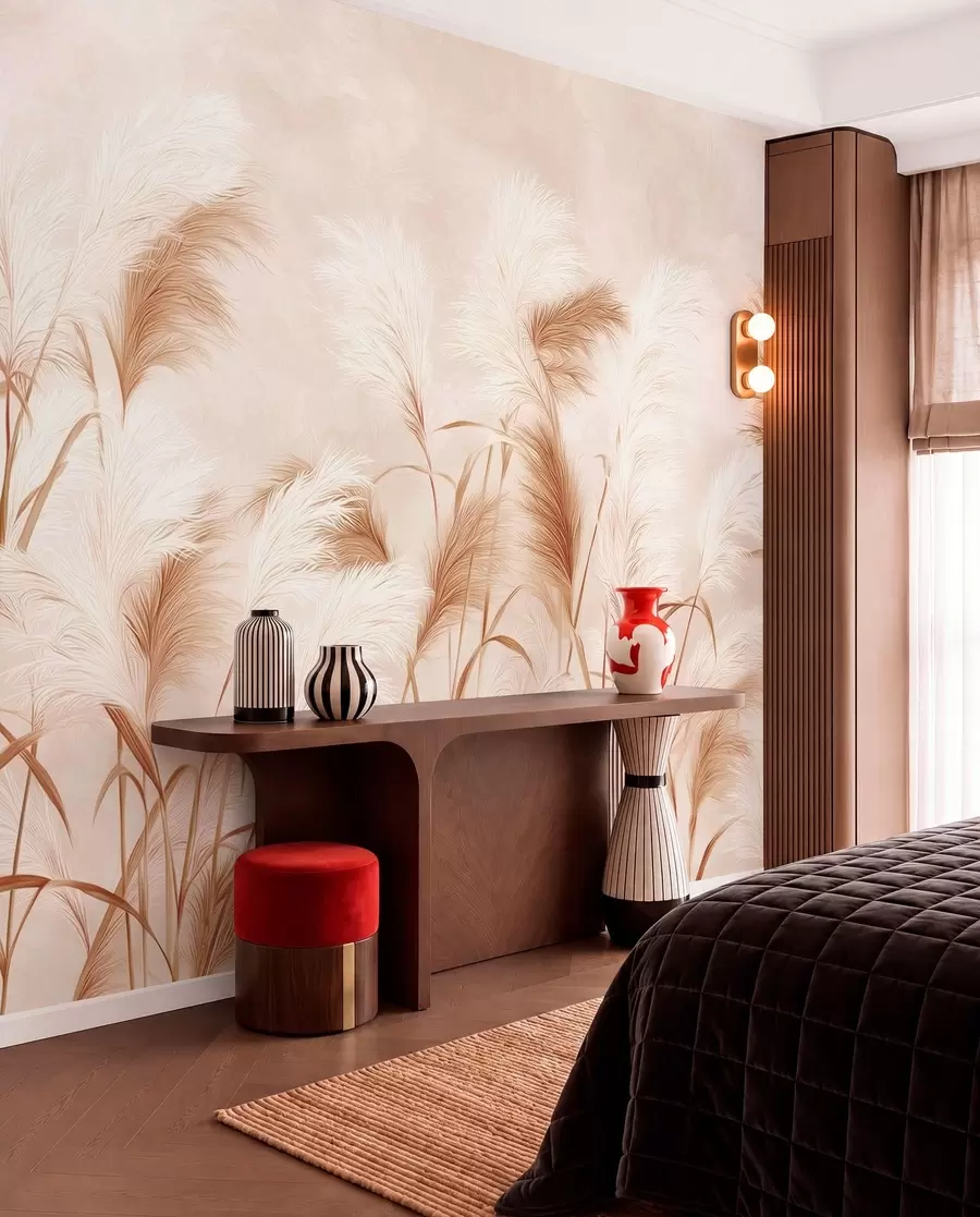 Fotobehang Sierlijke pampagrasbloemen in zacht beige en melkachtige tinten w09150v1