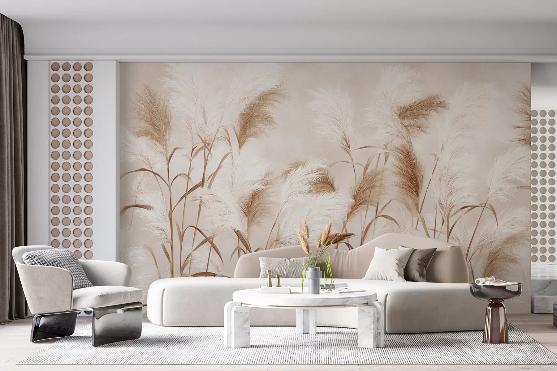 Fotobehang Sierlijke pampagrasbloemen in zacht beige en melkachtige tinten w09150v1