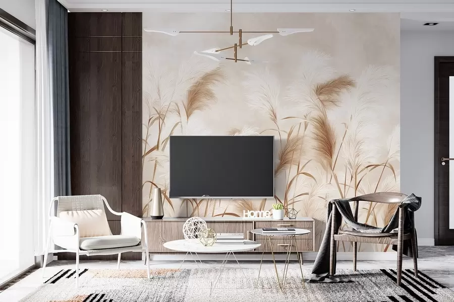 Fotobehang Sierlijke pampagrasbloemen in zacht beige en melkachtige tinten w09150v1