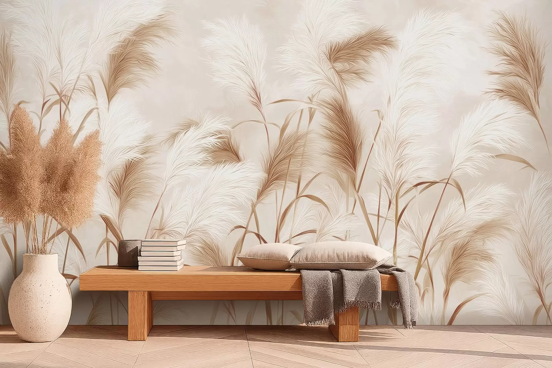 Fotobehang Sierlijke pampagrasbloemen in zacht beige en melkachtige tinten w09150v1