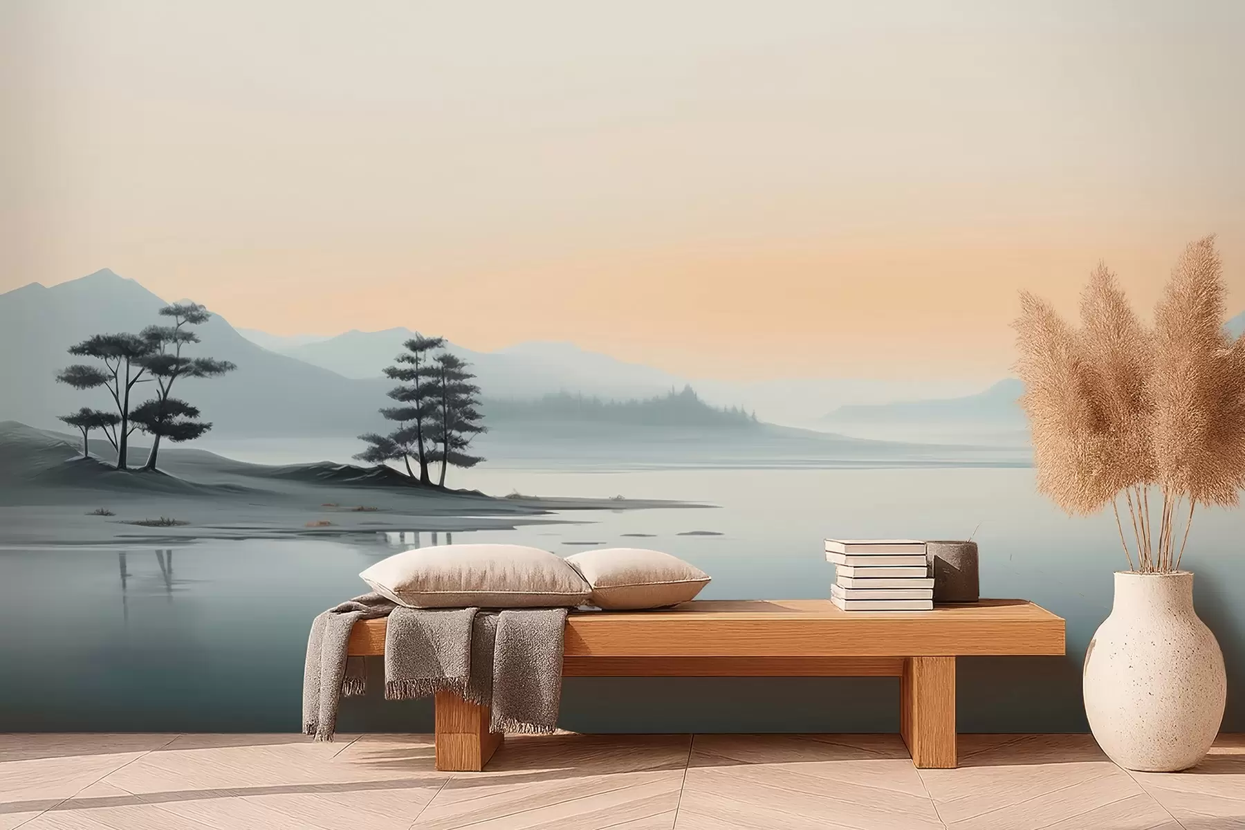 Fotobehang Minimalistisch landschap met mistige bergen en een meer w09151