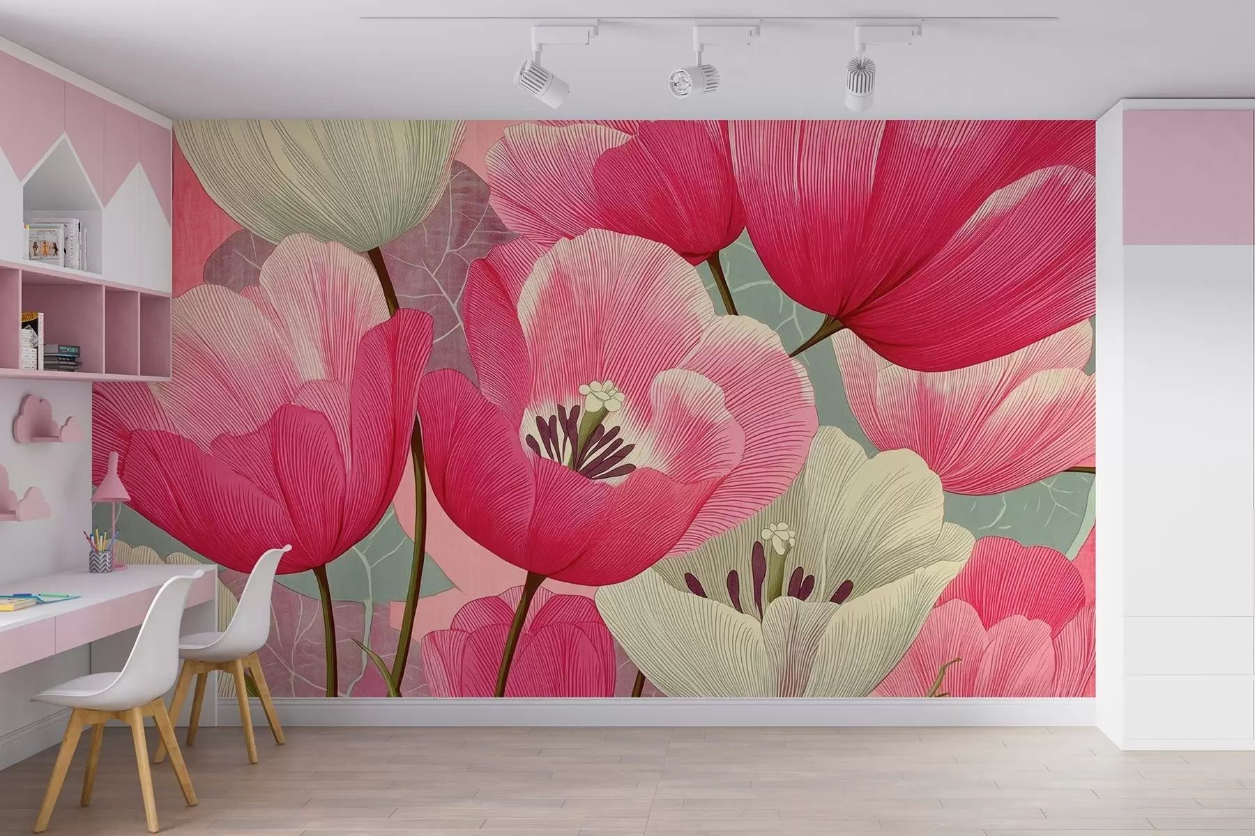 Fotobehang Levendige klaprozen met grafische bladeren op de achtergrond w09152