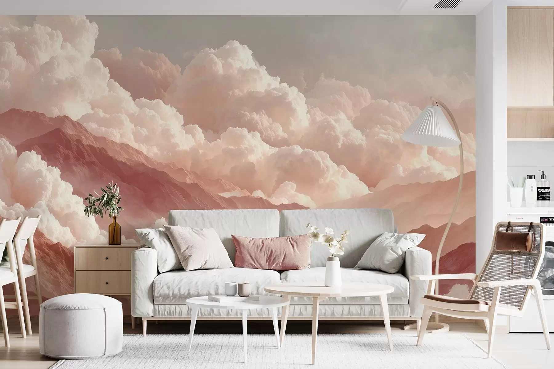 Fotobehang Warme zonsopgang boven bergen met pluizige wolken w09226