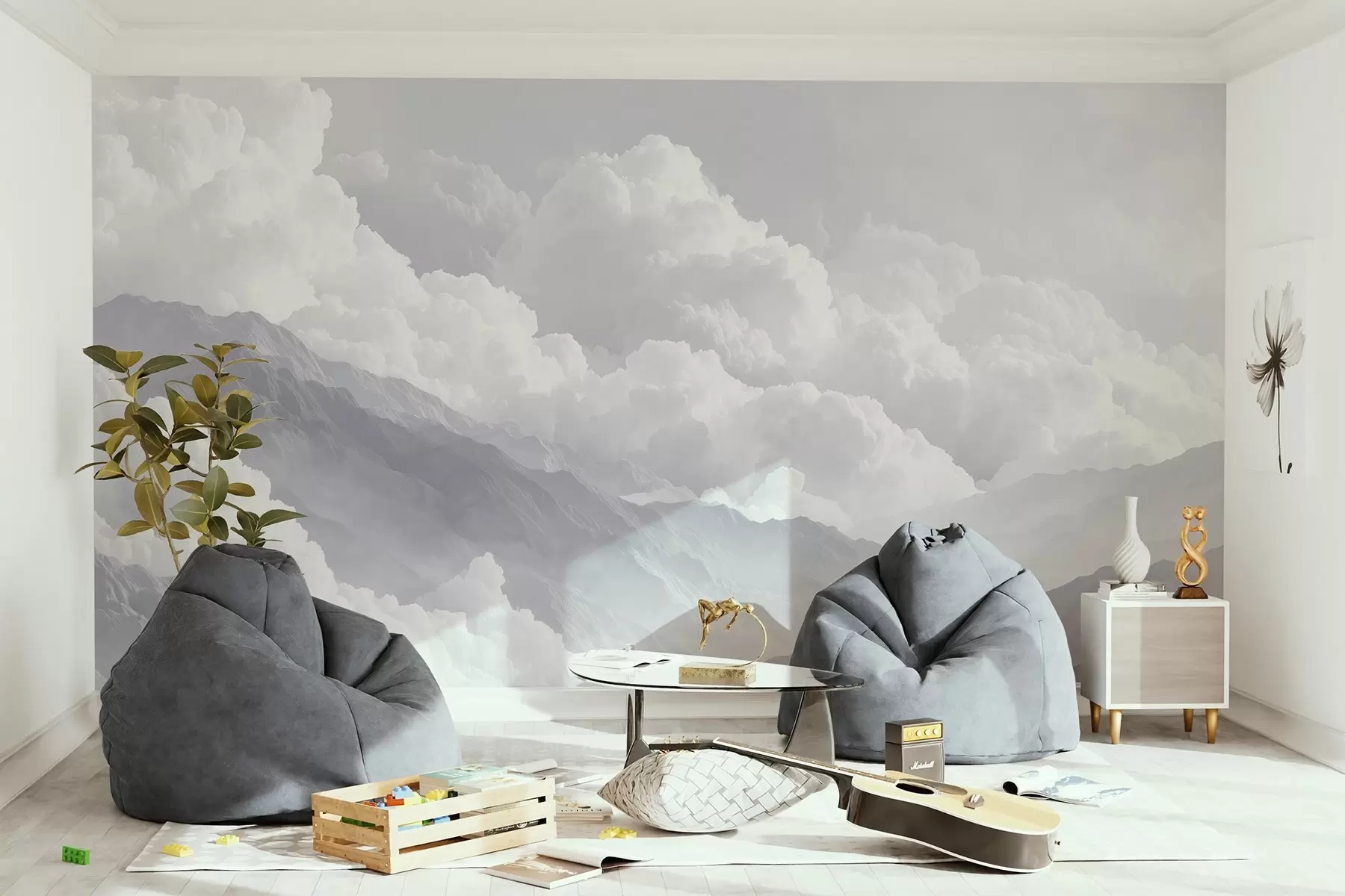 Fotobehang Zachte wolken boven bergen in blauwe tinten w09226v2