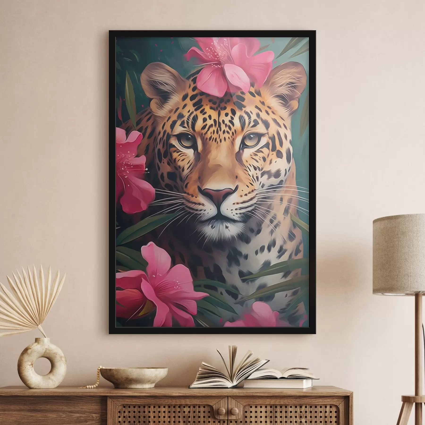 Fotobehang Luipaard tussen tropische bloemen f44918
