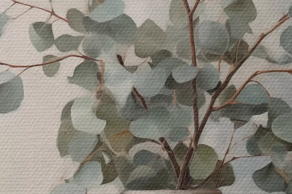 Ronde schilderijen Eucalyptustakken in een vaas van klei r44906