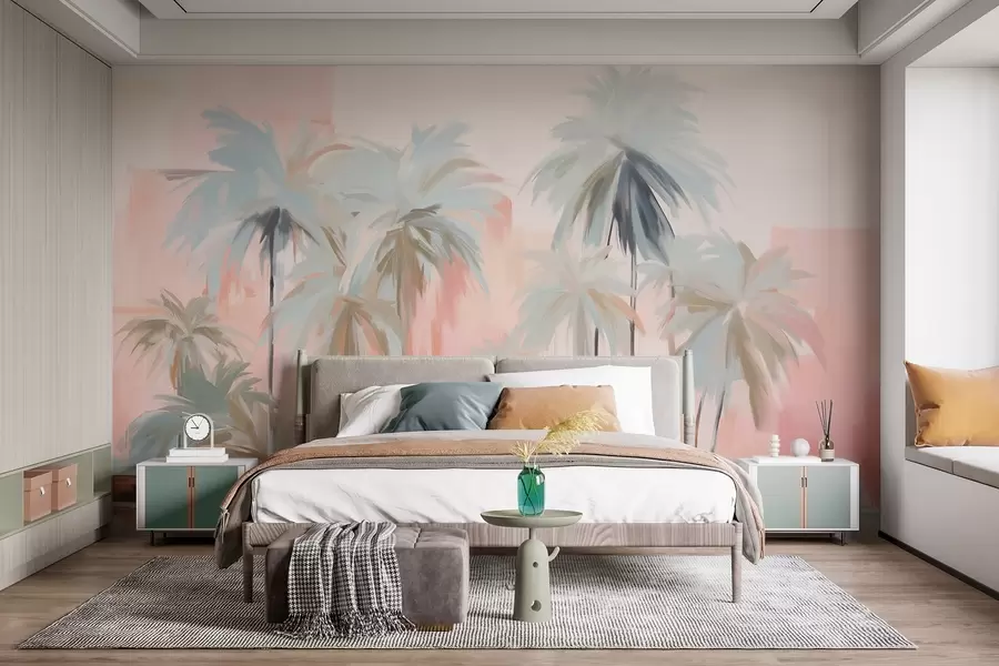 Fotobehang Abstracte minimalistische pastel tropische palmbomen tegen een achtergrond van zachtroze en perziktinten w09212