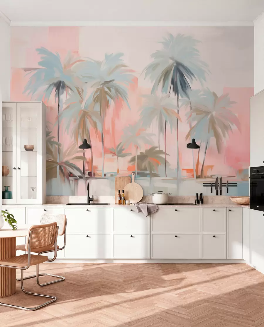 Fotobehang Abstracte minimalistische pastel tropische palmbomen tegen een achtergrond van zachtroze en perziktinten w09212