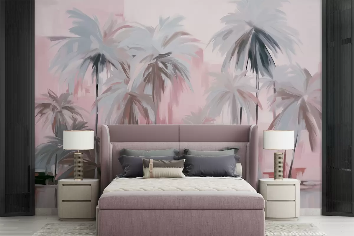 Fotobehang Abstracte minimalistische pastel tropische palmbomen, tegen een achtergrond van gedempt roze en grijze tinten w09212v1