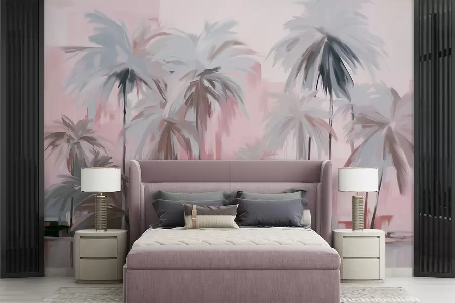 Fotobehang Abstracte minimalistische pastel tropische palmbomen, tegen een achtergrond van gedempt roze en grijze tinten w09212v1