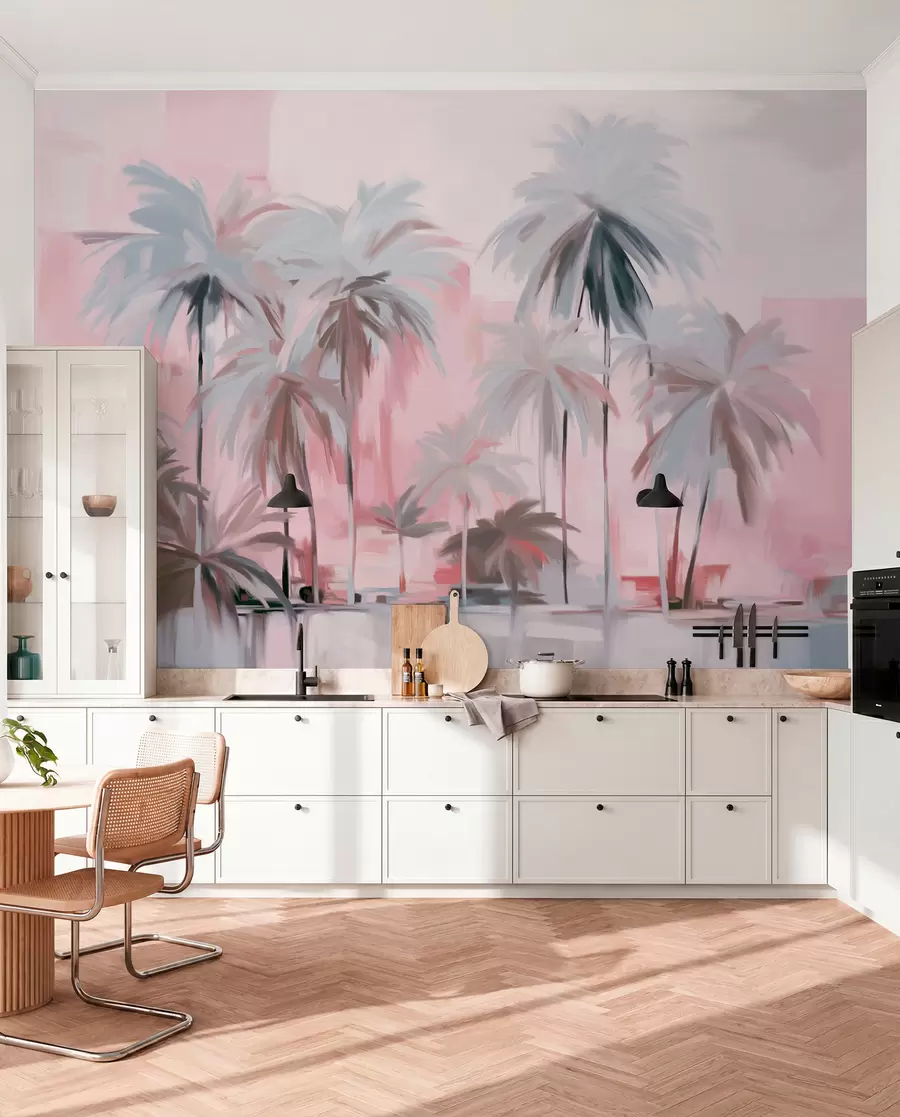 Fotobehang Abstracte minimalistische pastel tropische palmbomen, tegen een achtergrond van gedempt roze en grijze tinten w09212v1