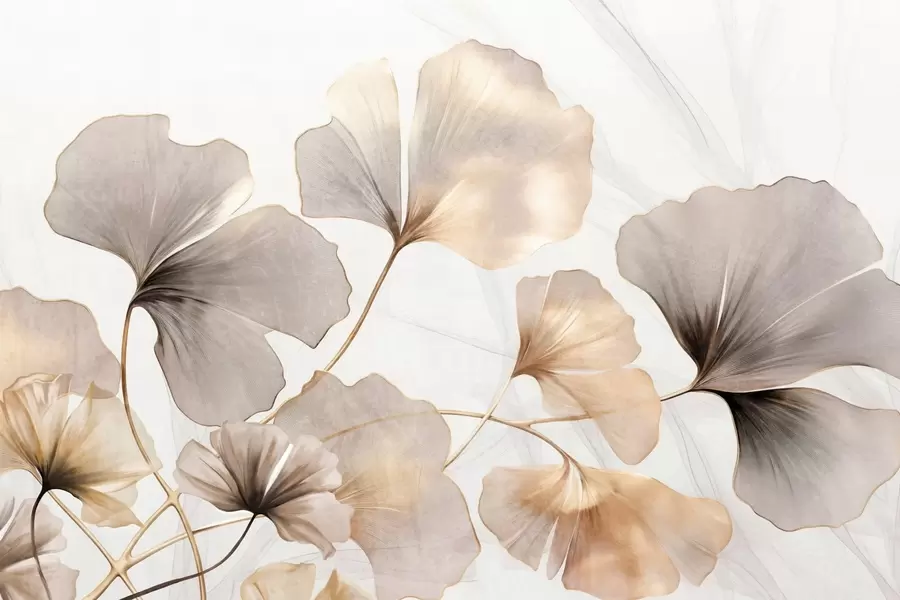 Fotobehang Ginkgo biloba bladeren in beige, gele en bruine tinten, delicaat aquareleffect met textuur, lichte achtergrond w09215