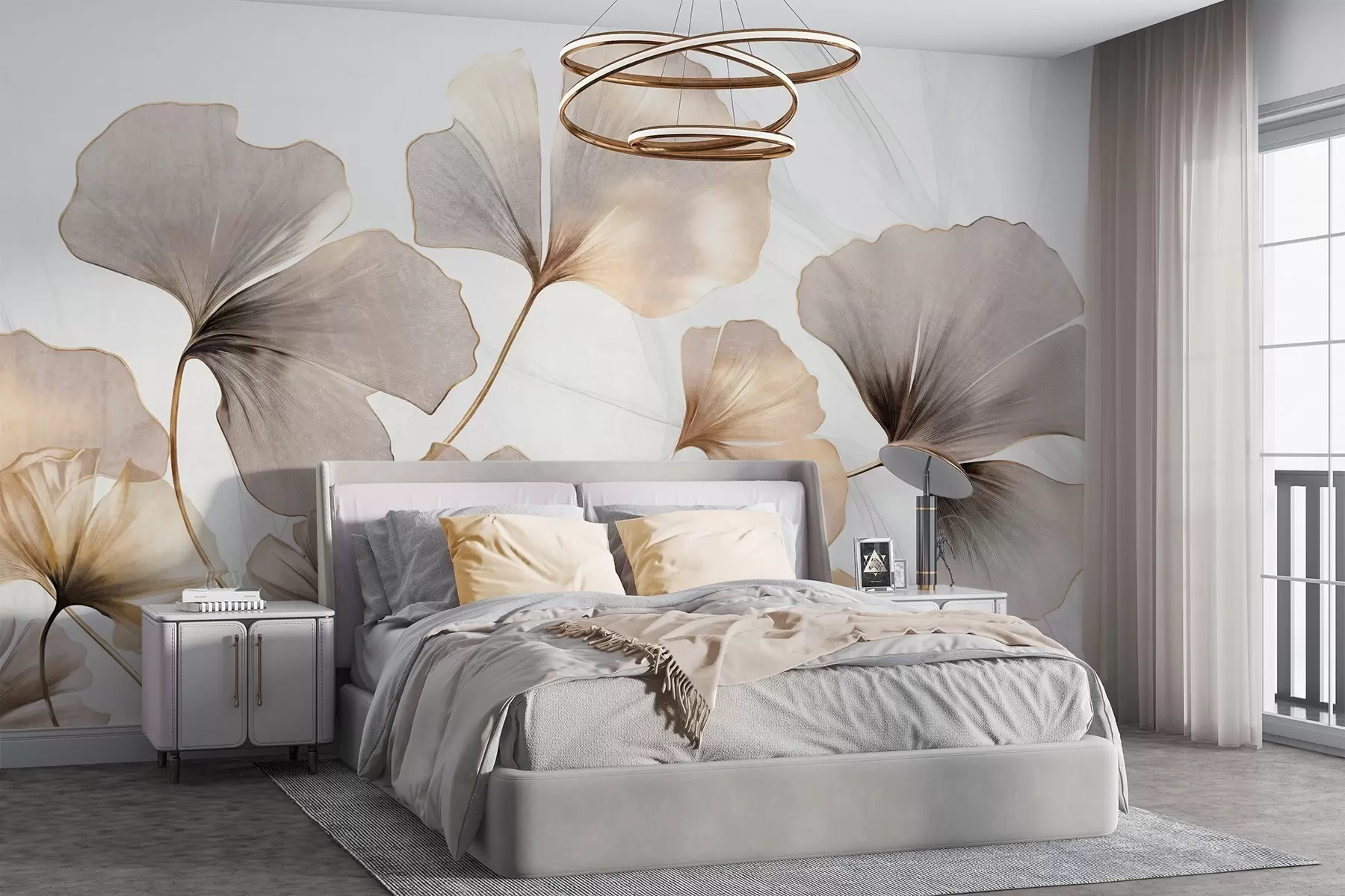 Fotobehang Ginkgo biloba bladeren in beige, gele en bruine tinten, delicaat aquareleffect met textuur, lichte achtergrond w09215