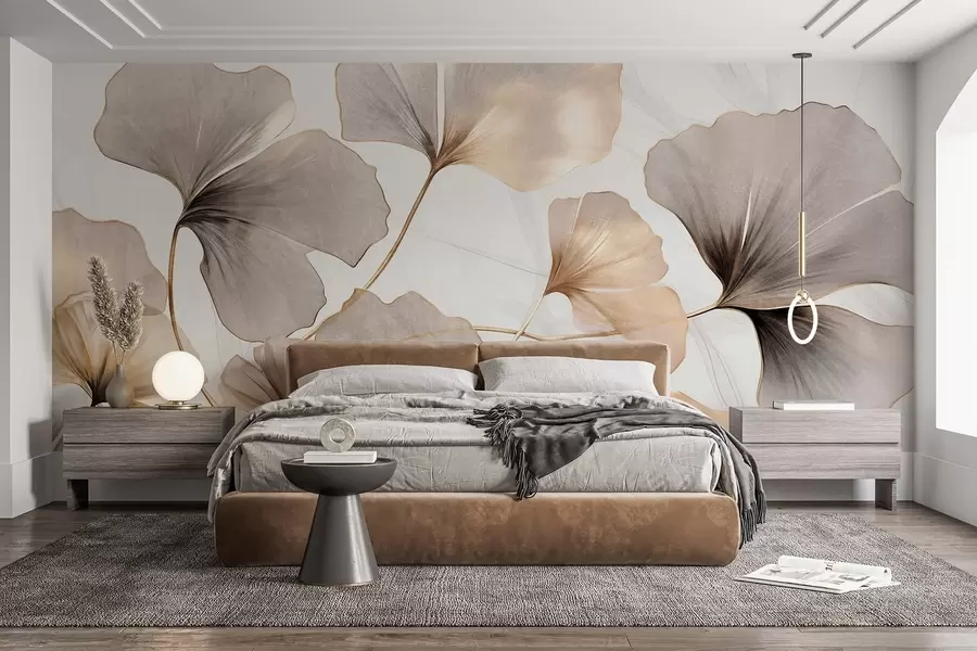 Fotobehang Ginkgo biloba bladeren in beige, gele en bruine tinten, delicaat aquareleffect met textuur, lichte achtergrond w09215
