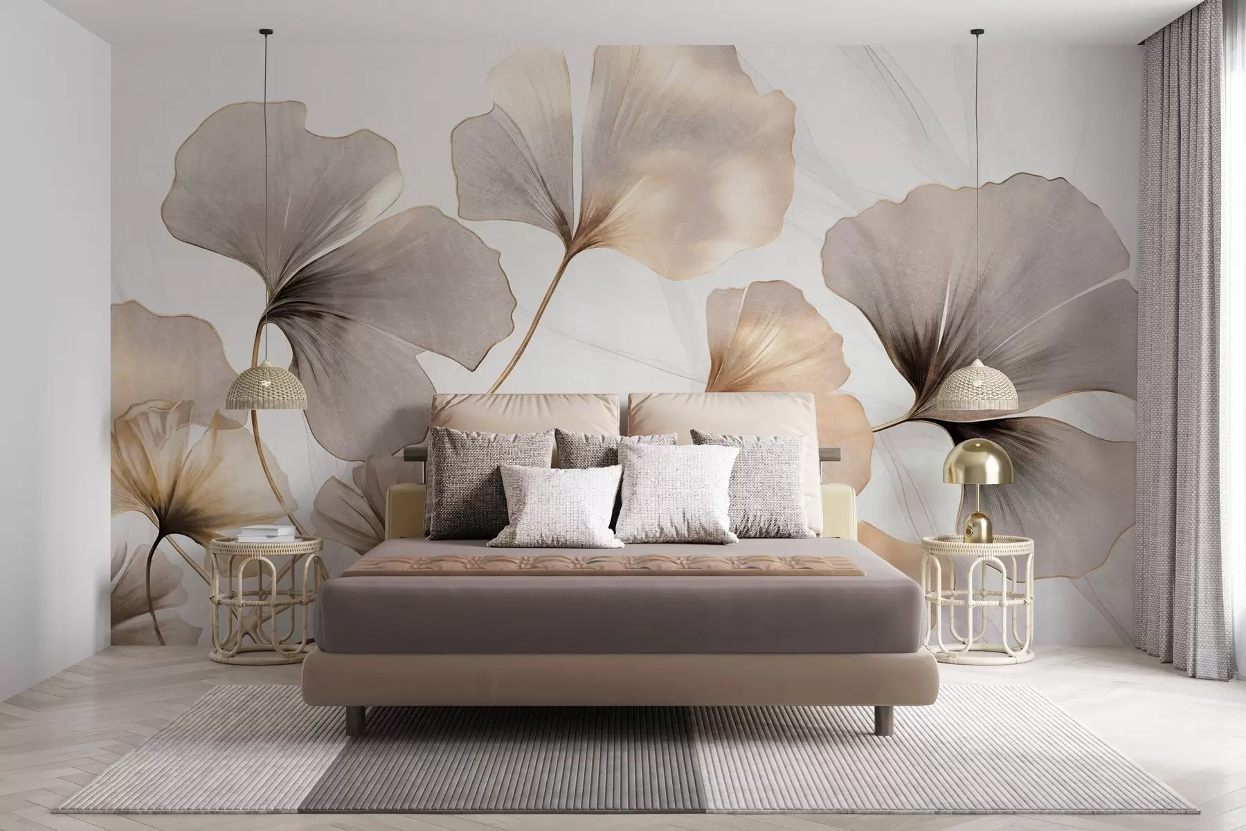 Fotobehang Ginkgo biloba bladeren in beige, gele en bruine tinten, delicaat aquareleffect met textuur, lichte achtergrond w09215