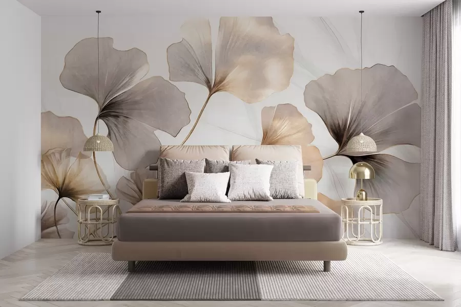 Fotobehang Ginkgo biloba bladeren in beige, gele en bruine tinten, delicaat aquareleffect met textuur, lichte achtergrond w09215