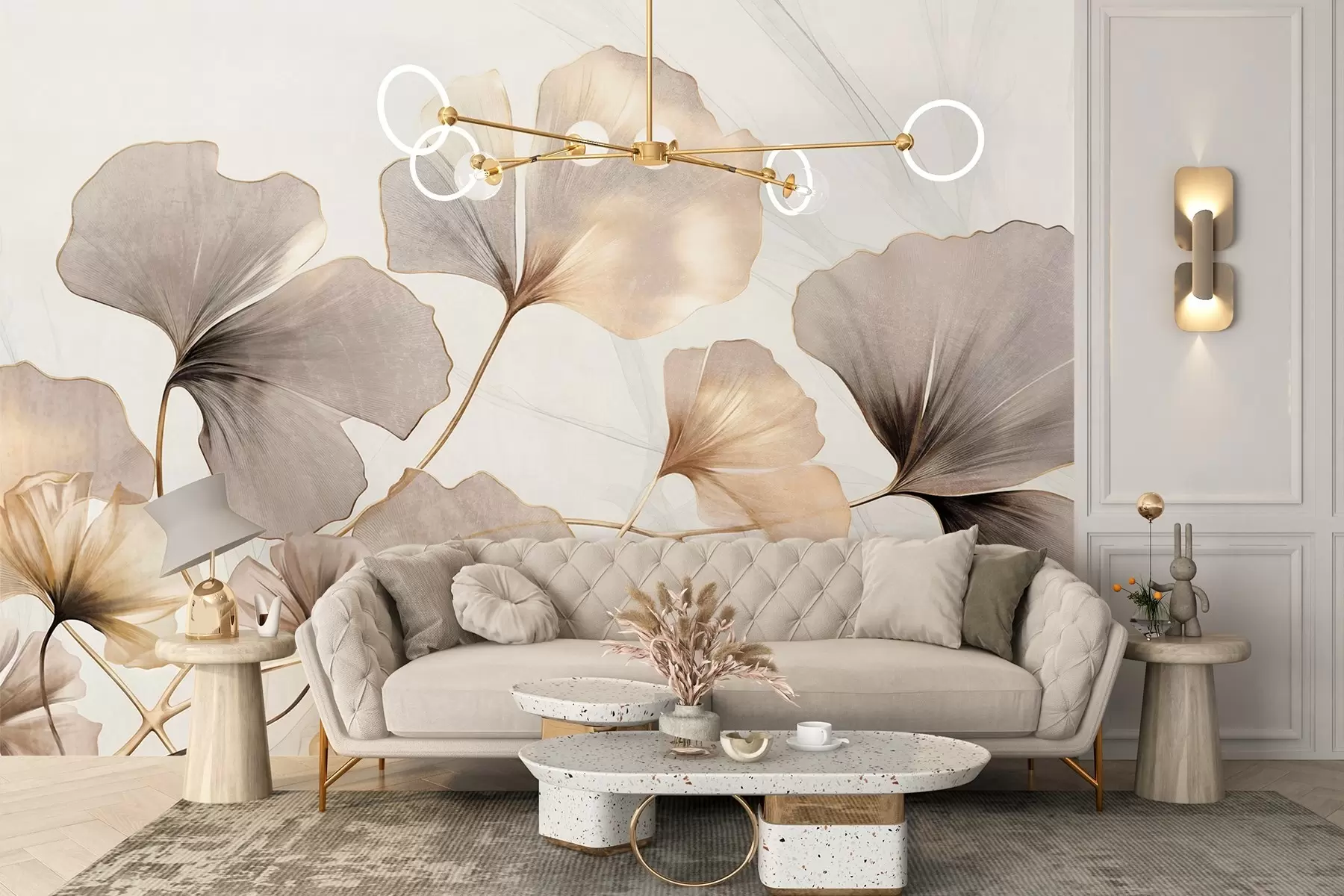 Fotobehang Ginkgo biloba bladeren in beige, gele en bruine tinten, delicaat aquareleffect met textuur, lichte achtergrond w09215