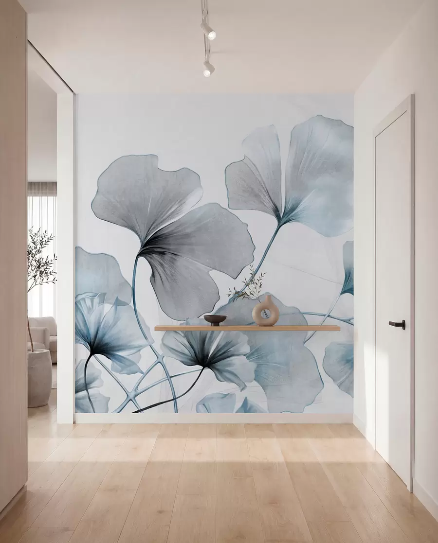 Fotobehang Ginkgo biloba bladeren in gedempte blauwe en grijze tinten, delicaat aquareleffect met textuur, lichte achtergrond w09215v1