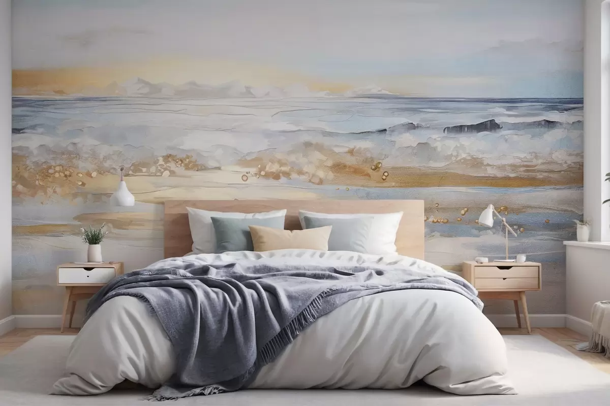 Fotobehang Abstract getextureerd landschap oceaan golven crashen op een zandstrand, zachte pastelkleuren, blauwe lucht met lichte wolken w09234