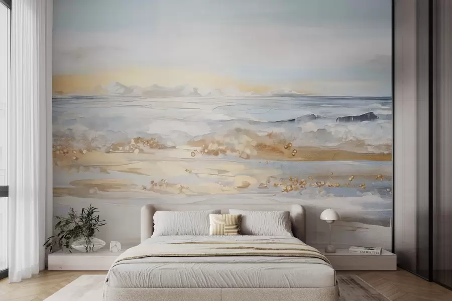 Fotobehang Abstract getextureerd landschap oceaan golven crashen op een zandstrand, zachte pastelkleuren, blauwe lucht met lichte wolken w09234