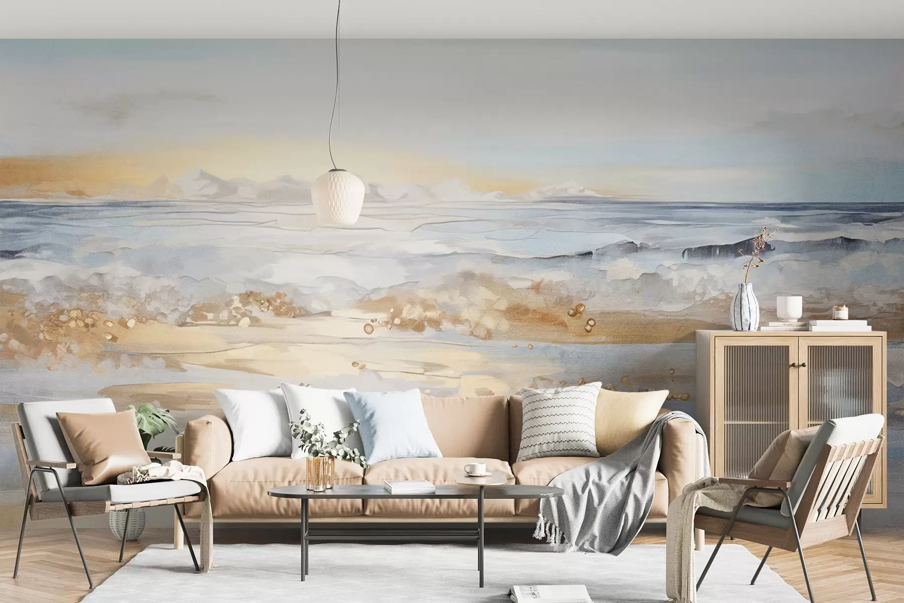 Fotobehang Abstract getextureerd landschap oceaan golven crashen op een zandstrand, zachte pastelkleuren, blauwe lucht met lichte wolken w09234