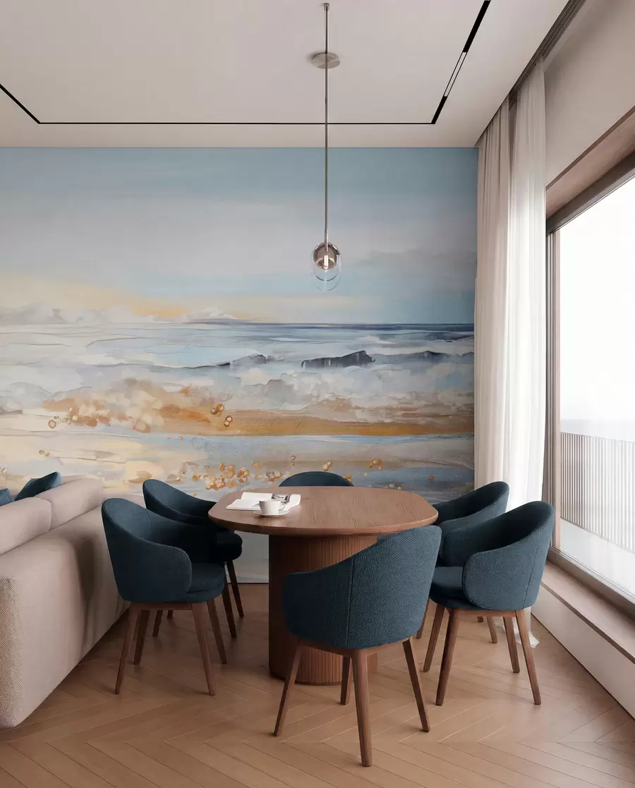 Fotobehang Abstract getextureerd landschap oceaan golven crashen op een zandstrand, zachte pastelkleuren, blauwe lucht met lichte wolken w09234