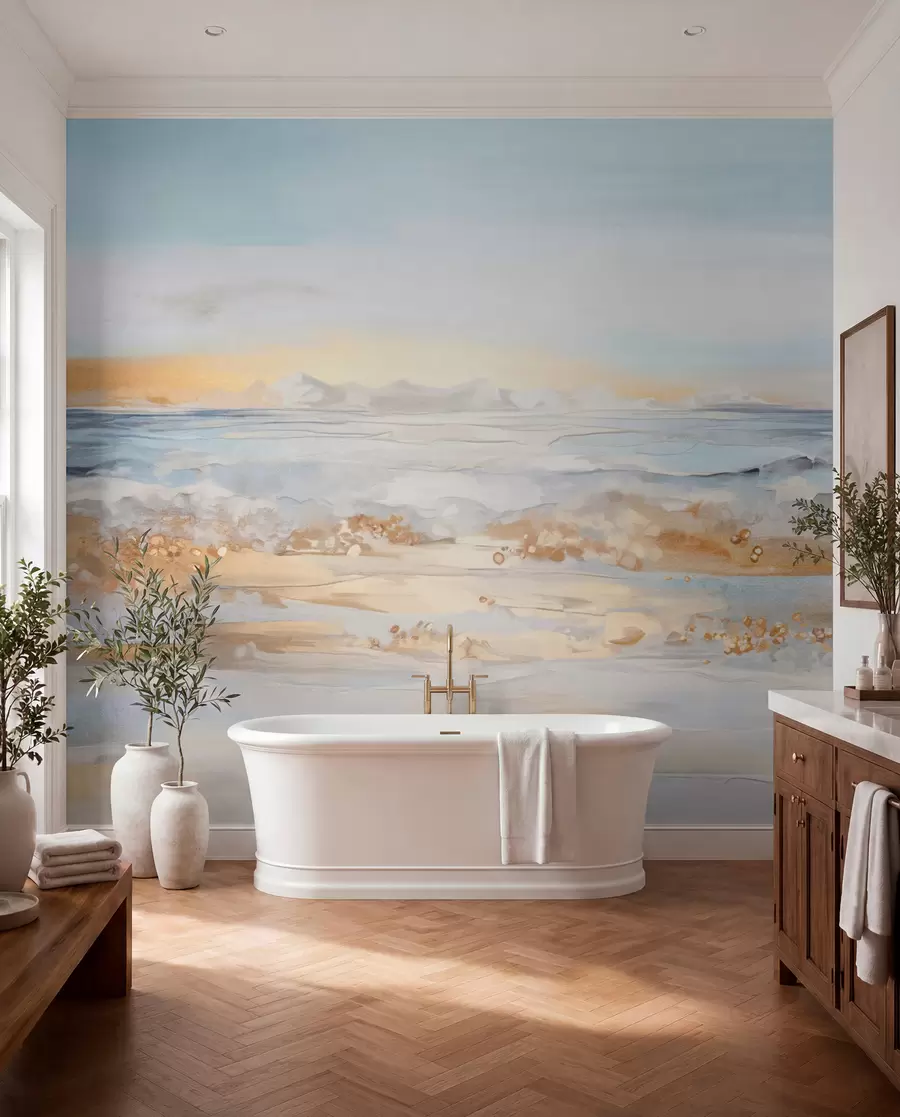 Fotobehang Abstract getextureerd landschap oceaan golven crashen op een zandstrand, zachte pastelkleuren, blauwe lucht met lichte wolken w09234
