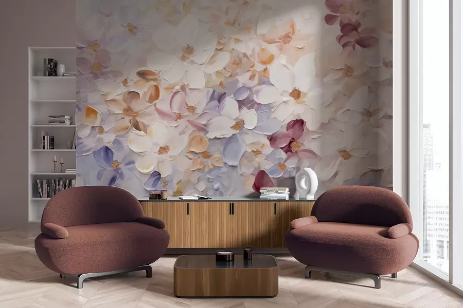 Fotobehang Olieverfschilderij imitatie van een bloementuin met witte, roze en oranje bloemen, zachte penseelstreken, pastel gedempte kleuren w09236