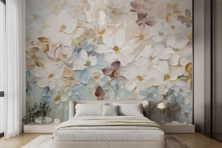 Fotobehang Olieverfschilderij imitatie van een bloementuin met witte, blauwe en oranje bloemen, zachte penseelstreken, pastel gedempte kleuren w09236v1