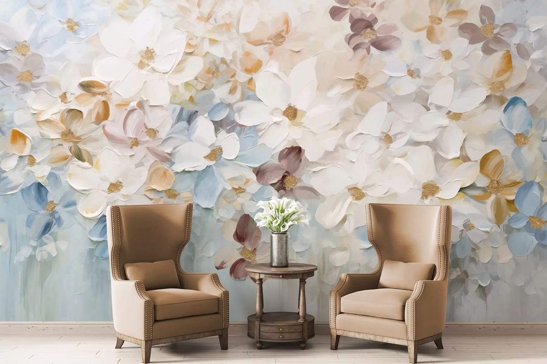 Fotobehang Olieverfschilderij imitatie van een bloementuin met witte, blauwe en oranje bloemen, zachte penseelstreken, pastel gedempte kleuren w09236v1