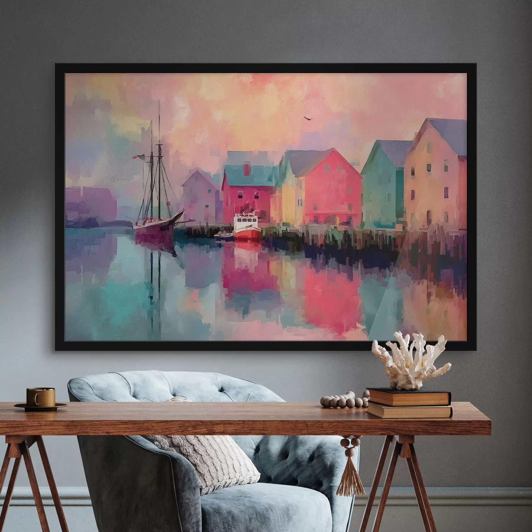 Fotobehang Kleurrijke huizen aan het water in Brushstroke-stijl f44837